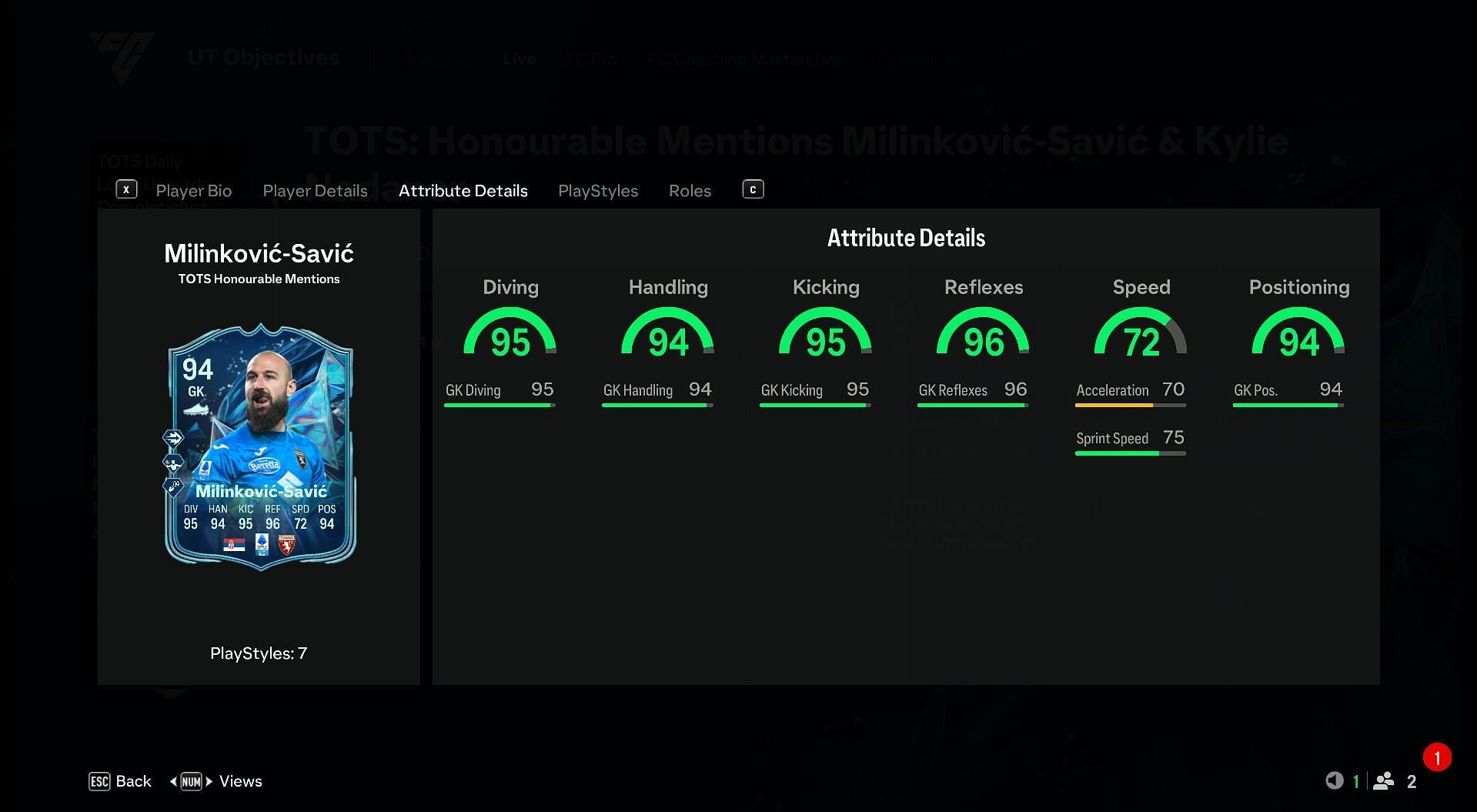 Vanja Milinkovic-Savic TOTS cards stats (Image via EA Sports)